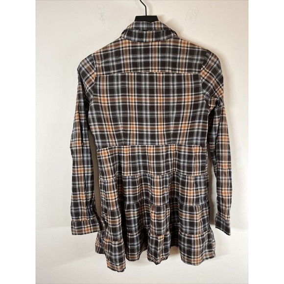 Vintage 90s Free People Women's Plaid Long Sleeve Babydoll Top Brown&Black Sz 8 - Picture 2 of 4